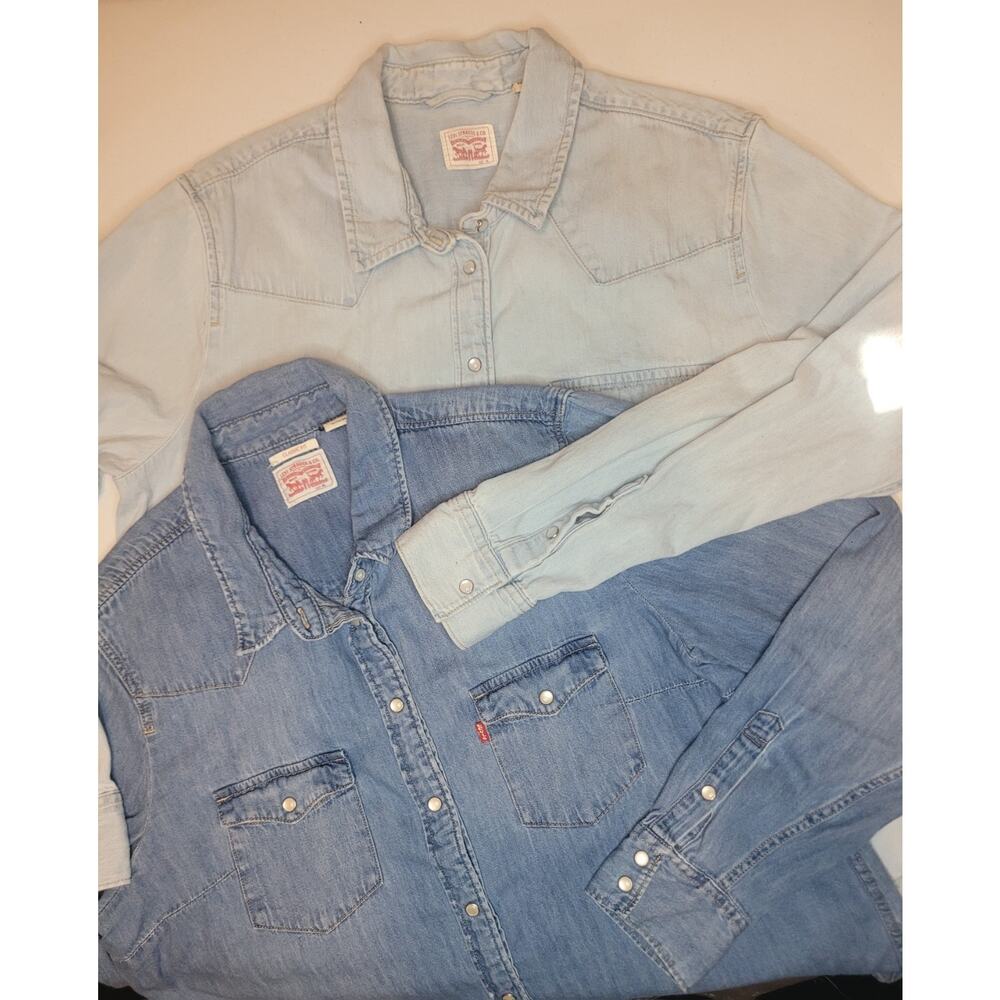 LOT OF 2! Levi Strauss Co Womens XL Denim Western Yoke Shirt Pearl Snap Cowgirl